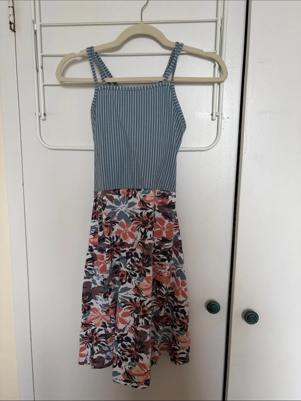 Pact Striped Teal Top with Coral and Brown Floral Skirt Mini Dress - Picture 3 of 4